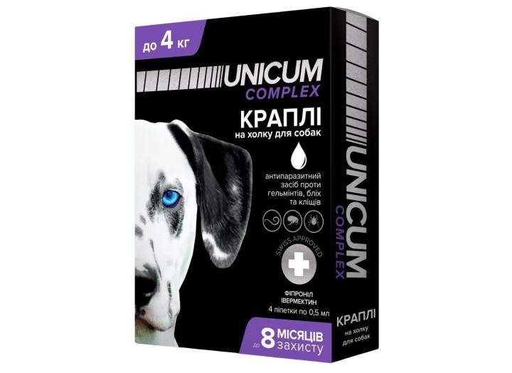 Капли Unicum Complex Рremium от гельминтов, блох и клещей для собак 0-4 кг (1пип)