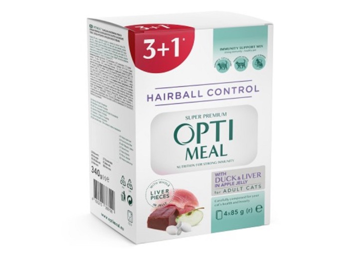 Optimeal Cats Hairball Control Duck для кошек выведение шерсти утка, печень (3+1) 340 г