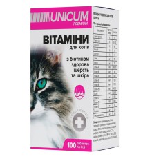 Витамины Unicum Рremium с биотином для здоровой шерсти и кожи для котов, 100 таблеток, 50 г (UN-012)