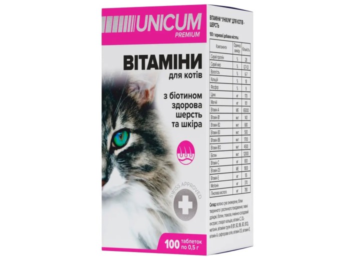 Вітаміни Unicum Premium з біотином для здорової вовни та шкіри для котів, 100 пігулок, 50 г (UN-012)