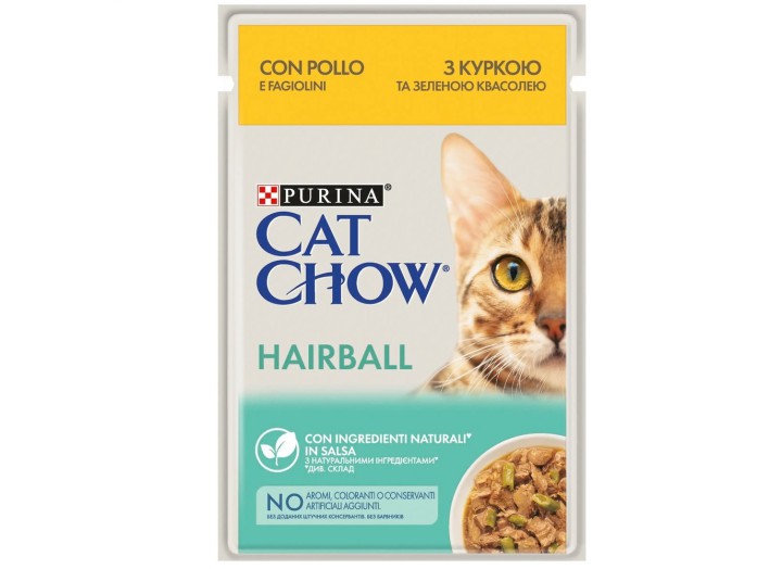 Вологий корм Cat Chow Hairball Control шматочки в соусі з куркою та зеленою квасолею 26х85 г