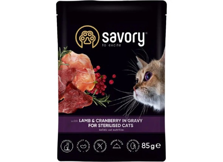 Влажный корм Savory Sterilised Lamb для стерилизованных кошек, ягненок с клюквой в соусе 85 г