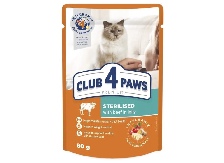 Клуб 4 Лапы Premium Sterilised для стерилизованных кошек с говядиной в желе 24х80 г