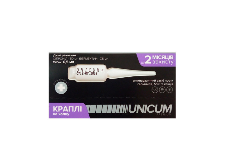 Краплі Unicum Premium від гельмінтів, бліх та кліщів для котів до 4 кг (1піп)