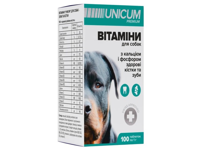 Вітаміни Unicum Premium для зубів та кісток для собак, 100 пігулок, 100 г (UN-014)