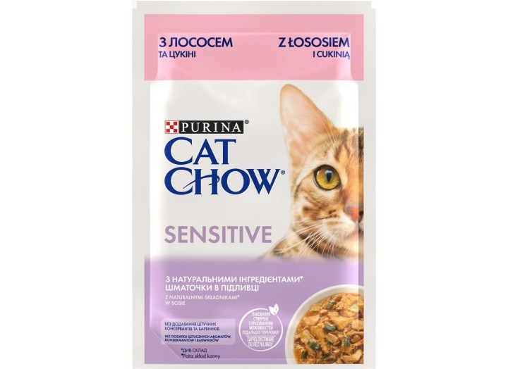 Влажный корм для кошек Cat Chow Sensetive с лососем и цуккини 26х85 г