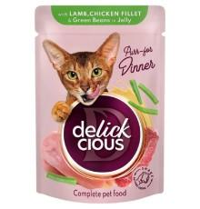 Delickcious (Делішес) пауч Lamb Chicken Fillet для кішок ягня курка шматочки в желе 85 гр фото