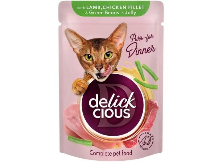 Delickcious (Делишес) пауч Lamb Chicken Fillet для кошек ягненок курица кусочки в желе 85 гр