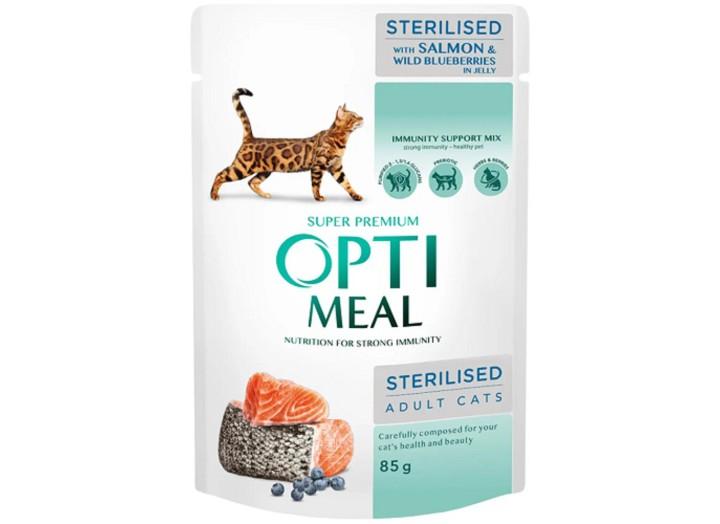 Optimeal Sterilised Salmon для стерилізованих кішок з лососем та чорницею в желе 12х85 г Optimeal Sterilised Salmon для стерилізованих кішок з лососем та чорницею в желе 12х85 г